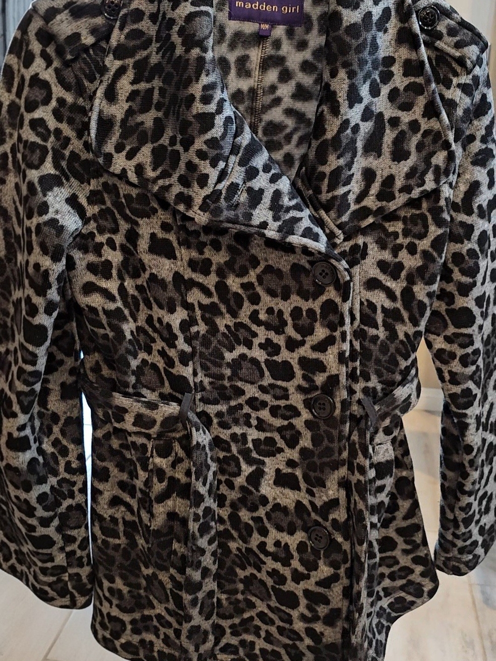Madden Girl Black & Gray Leopard-Print Peacoat with Belt